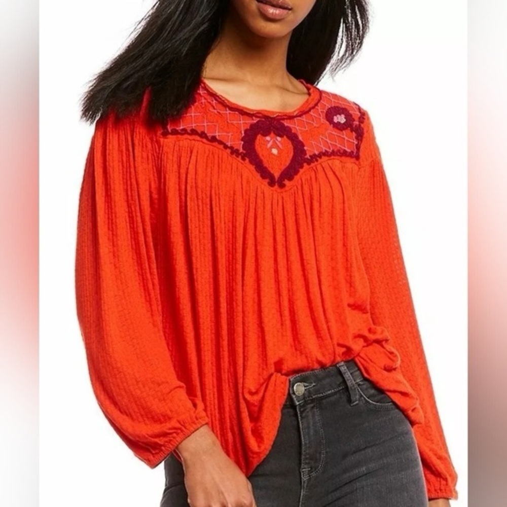 Free People Red Blouse with Embroidered Detail
